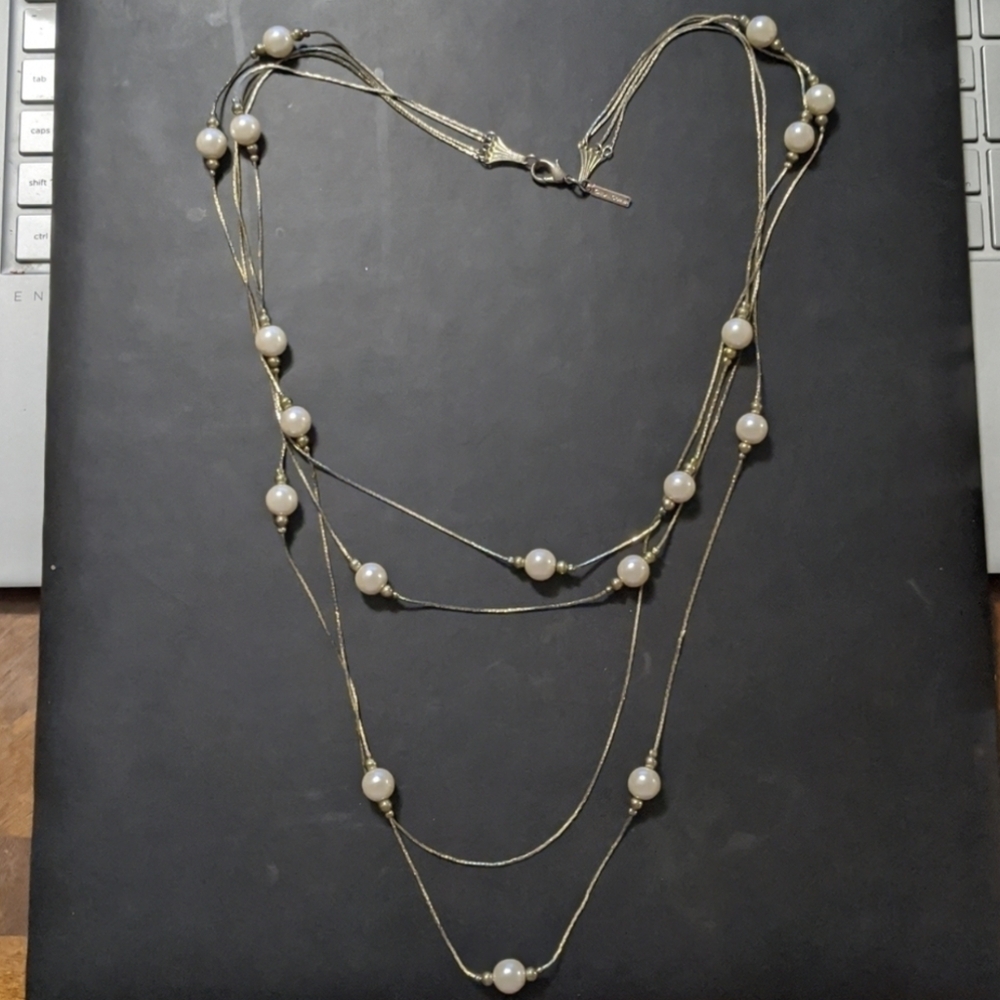 𝅺Casual Corner Silver Tone Faux Pearl Multi Strand Layered Statement Necklace